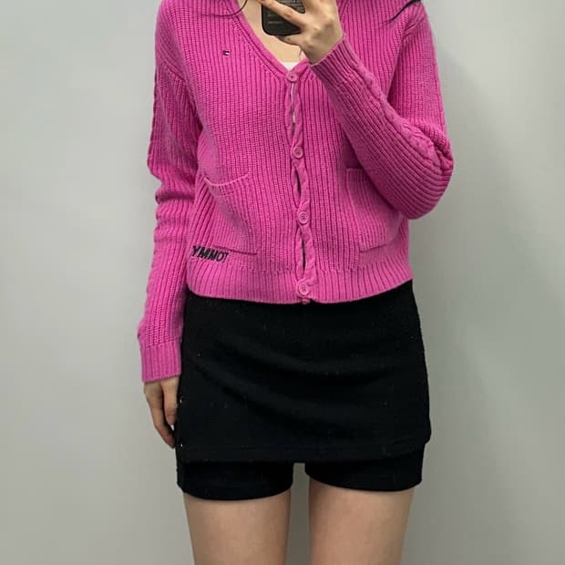 타미힐피거 자수로고 핑크 니트 가디건