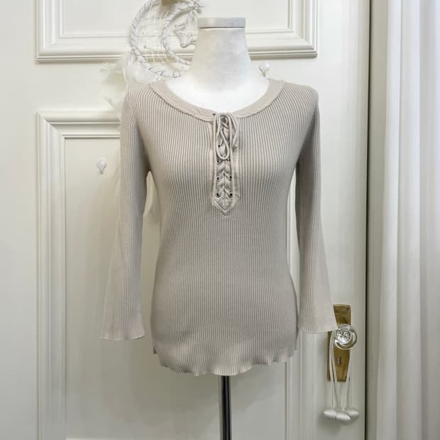 beige lace-up basic rib knit top(size-2)