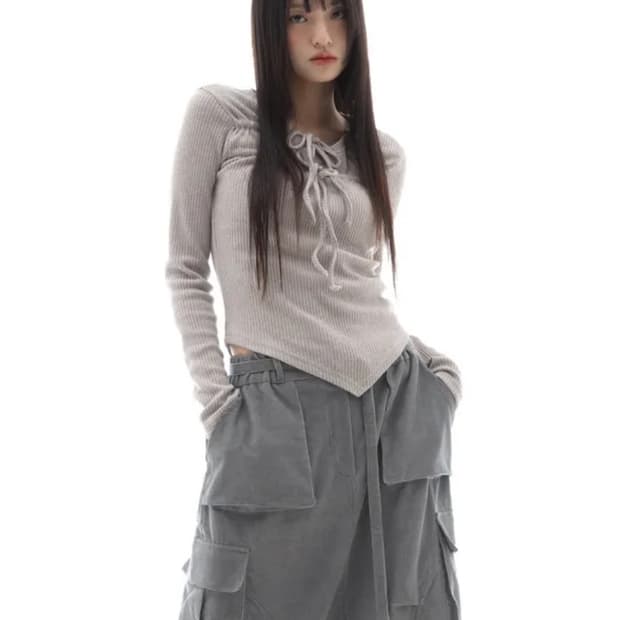 플라즈마스페어 리본 셔링 티셔츠 베이지