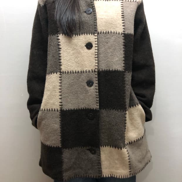 빈티지 브라운 울 패치워크 하프 코트