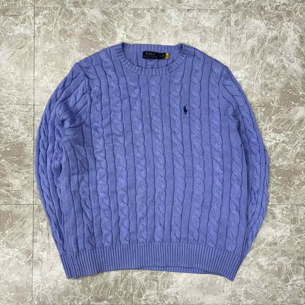 *최신형 폴로 랄프로렌 큐알택 퍼플 코튼 케이블 맨즈라인 크루넥 니트(L