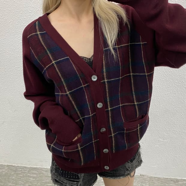 폴로 랄프로렌 타탄체크 버건디 가디건 L
