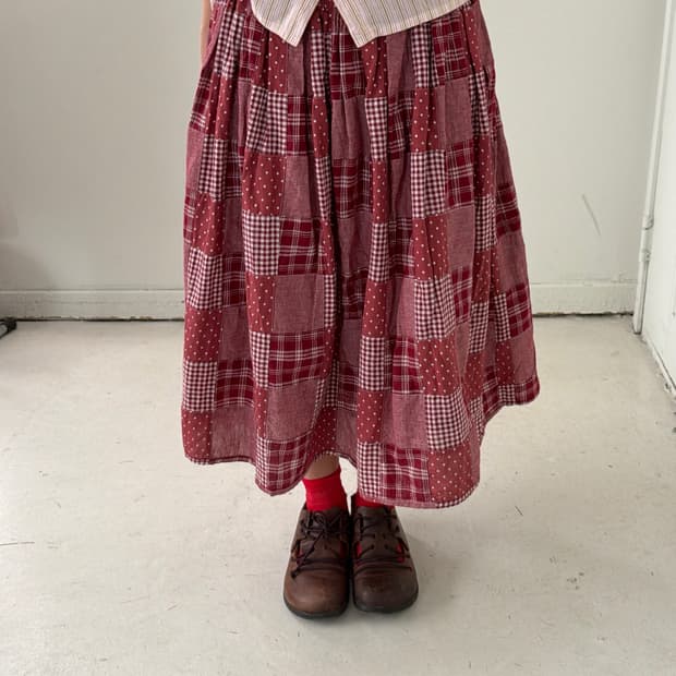 일본빈티지 모리 히피 도트체크 롱스커트