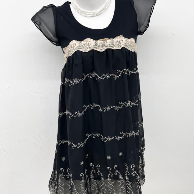 블랙 엔틱 자수 시어 원피스