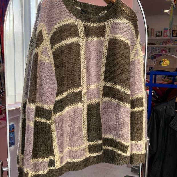 엘르 ELLE 울 카키 체크 니트