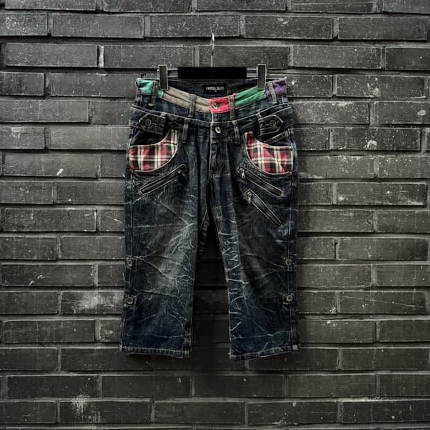 Double belt check patchwork denim shorts