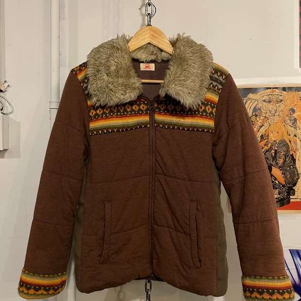 kriff mayer 에스닉 패턴 퍼 카라 브라운 패딩 히피 모리