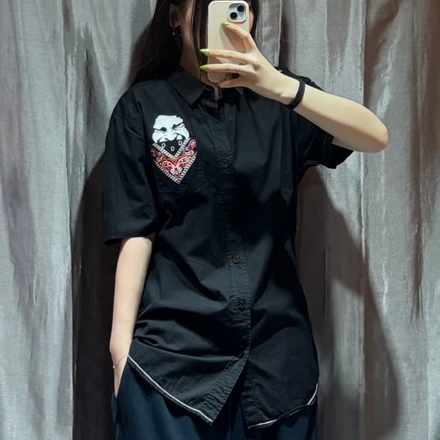 L FUBU 푸부 반다나 포켓 블랙 반팔 셔츠