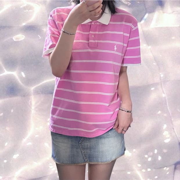 폴로 랄프로렌 대장 PK 스트라이프 반팔 카라 티셔츠 핑크 화이트 XL 