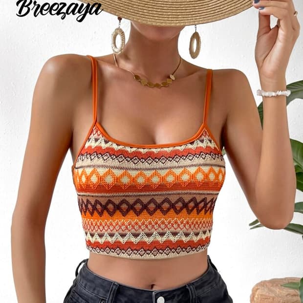 SHEIN 빈티지)휴양지 오리엔탈 패턴 크롭 캐미솔 슬리브리스탑