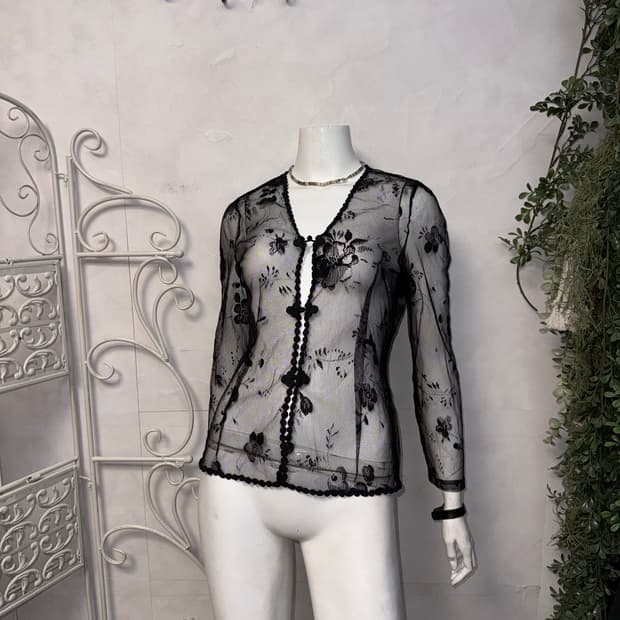Black oriental floral lace button blouse