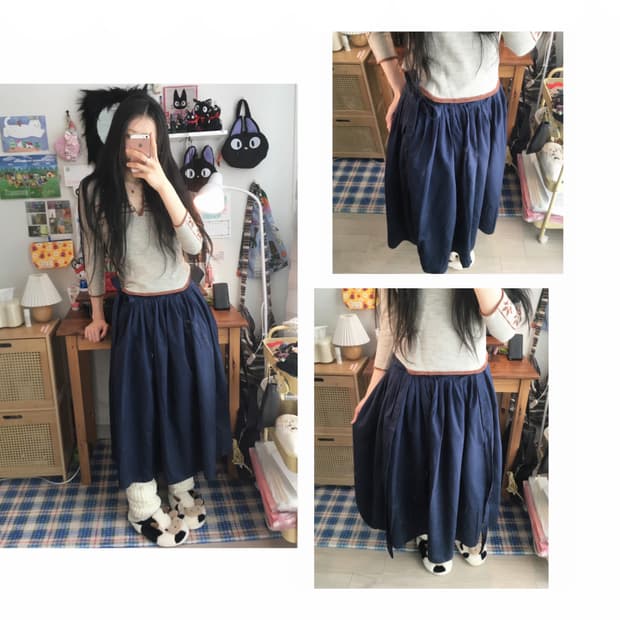 vintage pleated volume long skirt navy
