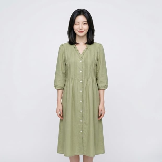 [새상품] 프릴넥 연카키 6부 원피스