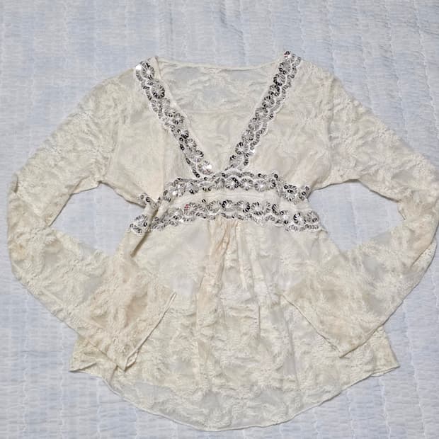 보헤미안 오리엔탈 페어리 스팽클 레이스 시스루 블라우스