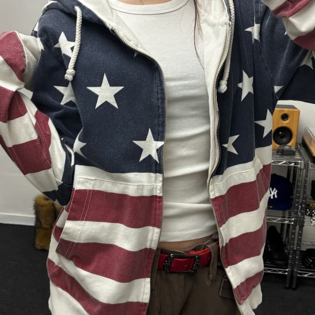 지프 00s USA 성조기 빈티지 워싱 후드집업