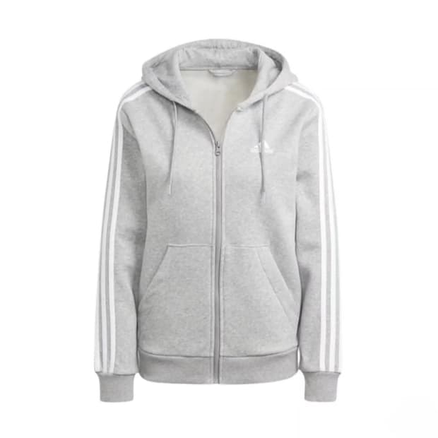 (W) 아디다스 에센셜 3S 풀집 플리스 후드 미디움 그레이 헤더 화이트