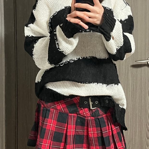 [펑크 / 나나깔 set] 단다라니트 & 체크 버클 스커트 세트