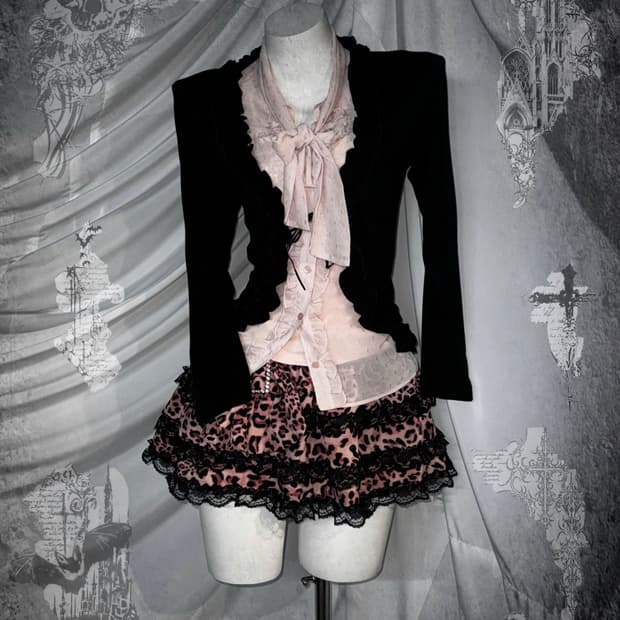 히메갸루 핑크 레오파드 프릴 코디세트 