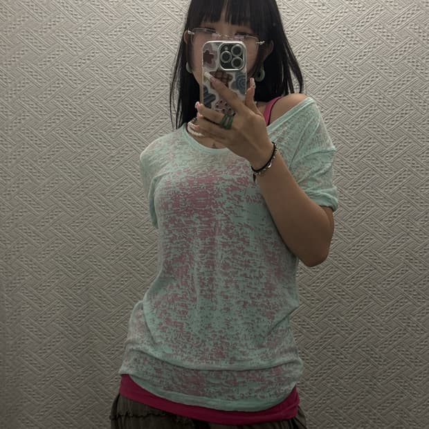 자라 Y2K 펑크 민트핑크 레이어드 시스루 반팔 나시 세트 K0547