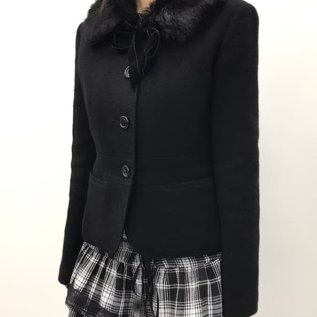 any SiS Black Wool Fur Collar Coat