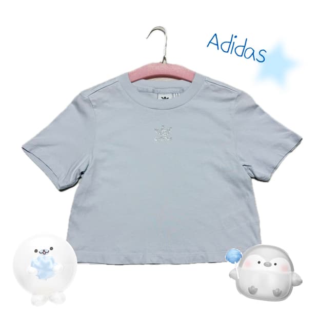 아디다스 🩵스카이 블루🩵 실버 큐빅로고 크롭티 xs