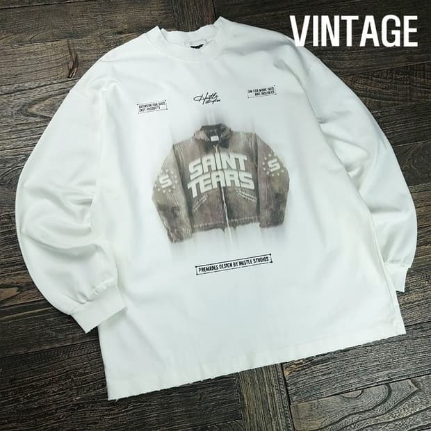 [빈티지] 그래픽 프린팅 오버사이즈 롱슬리브 긴팔티 아이보리 M20119