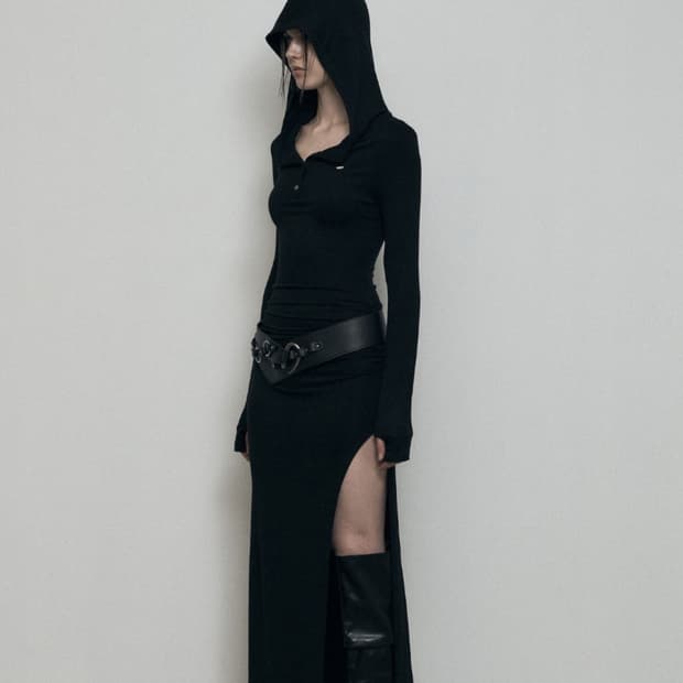 보헤미안 서울 후디드 맥시 드레스 원피스 블랙