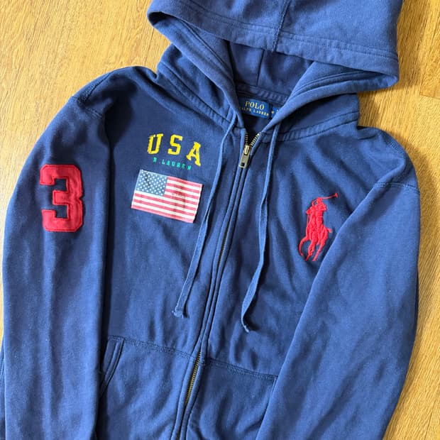 (상태최상,희귀!!)폴로 빅포니 USA 성조기 3로고 네이비 후드집업 m