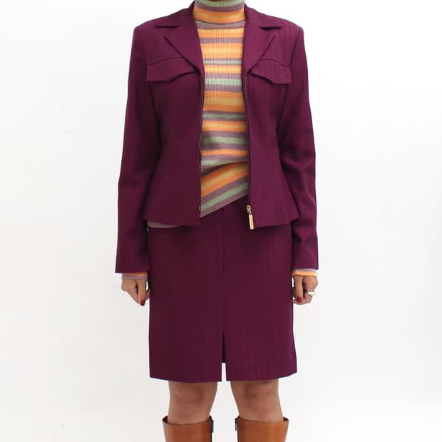 일본 빈티지 퍼플 와인 써머 울 자켓 스커트 세트