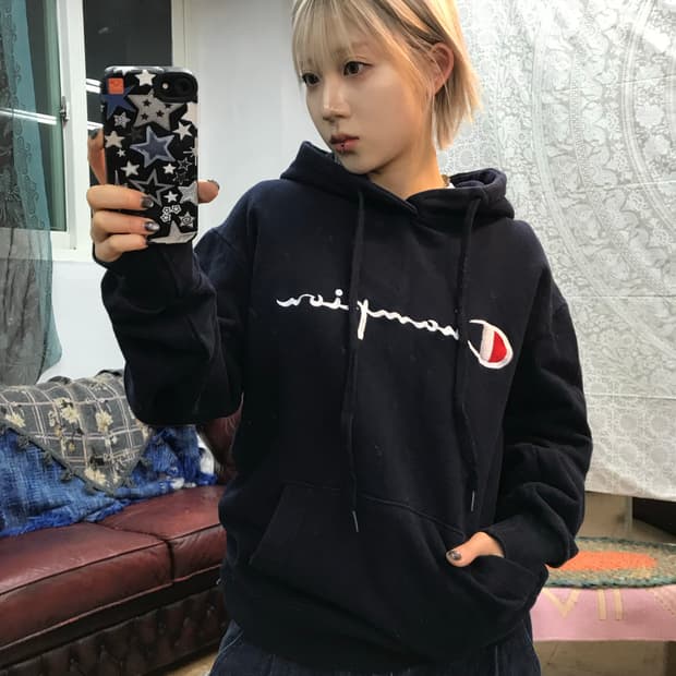 챔피온 빅로고 네이비 후드티 