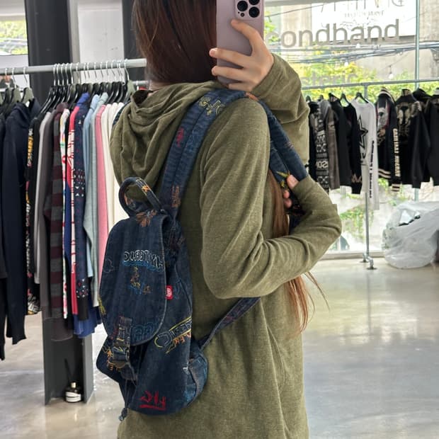 히스테릭글래머 자수로고 데님 럭색 백