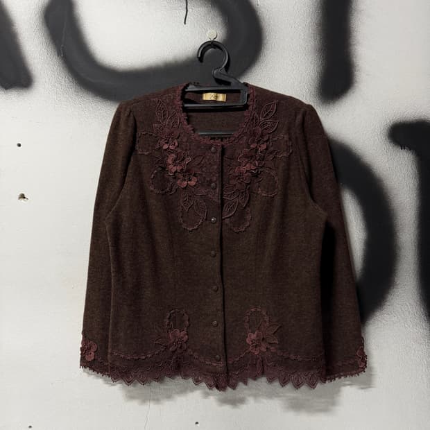 VTG 빈티지 울 혼방 자수 코사지 디테일 딥브라운 니트 자켓