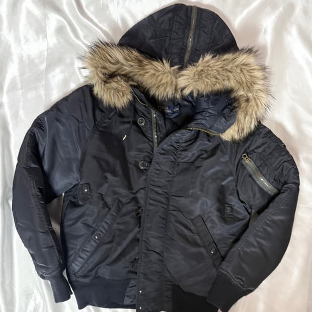 폴로 랄프로렌 다운 봄버 자켓 퍼 후드 후디 빈티지 블랙 네이비