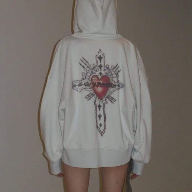 Beaded Saint Hoodie Zip-Up Dirty White