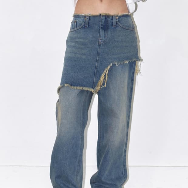폴리수엠 LAYERED SKIRT WITH FRAYED JEANS