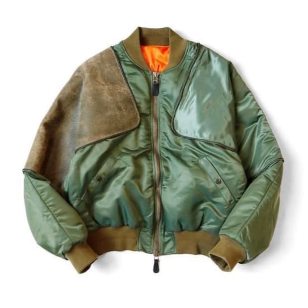 캐피탈 Ma-1 나일론 X 크랙 레더 시아미스 봄버 자켓 카키