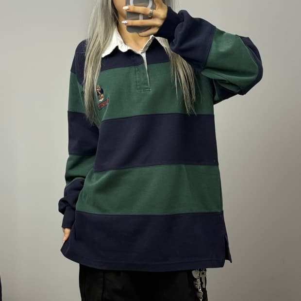 POLO SPORT 00s 베어 스트라이프 카라 럭비 긴팔 티셔츠
