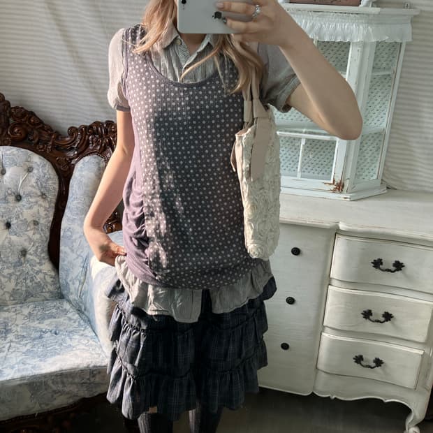 Set) 도트 셔링 레이어드 원피스 + 모리 스트라이프 셔츠