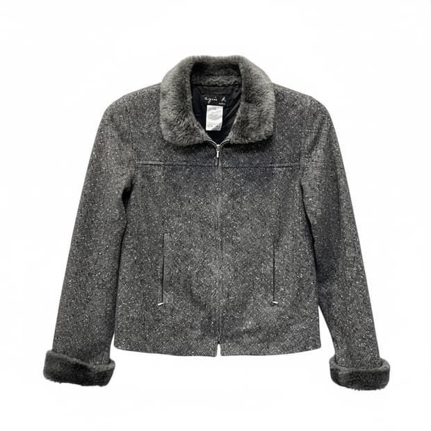 아네스베 울 집업 자켓 앙고라 카라넥 소매 퍼 디테일 그레이