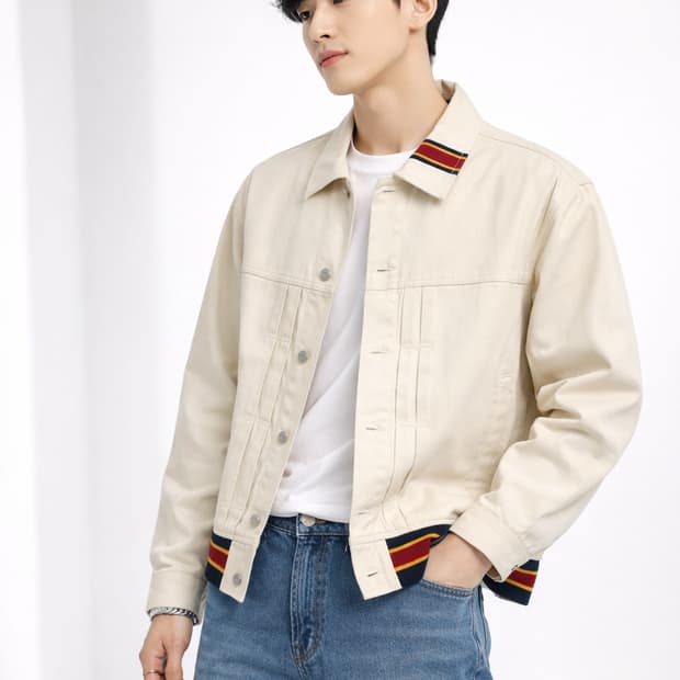 로맨틱크라운 백패치 배색 데님 자켓