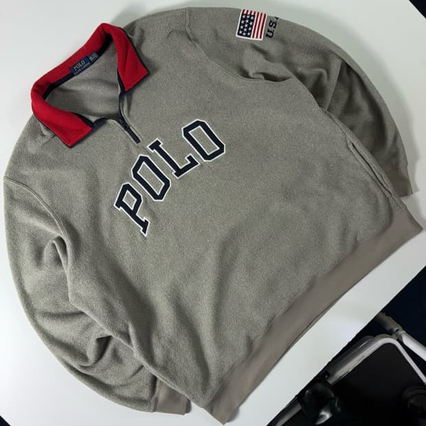 Polo  폴로 랄프로렌 스펠아웃 성조기 그레이 반집업 플리스 후드티  