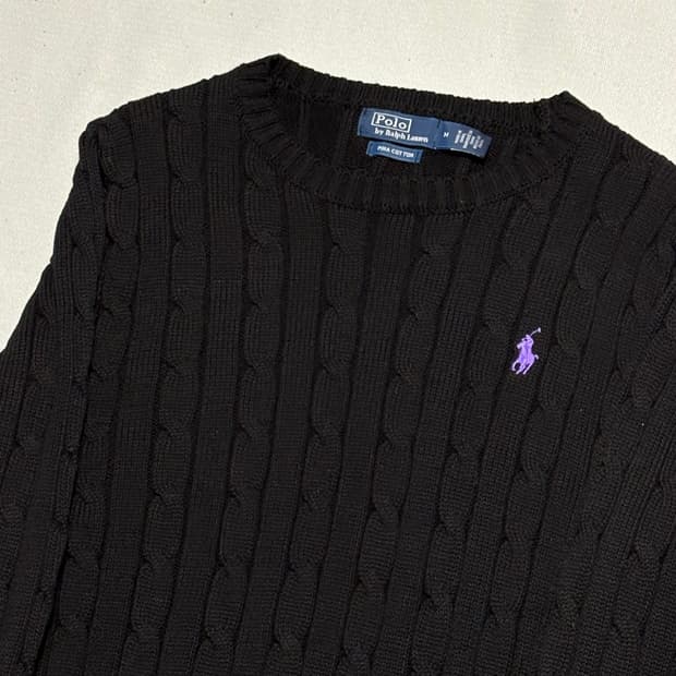 M 폴로랄프로렌 여성용 퍼플포니 블랙 케이블 니트