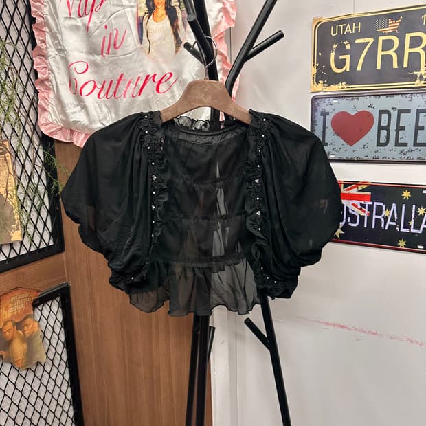 Black Sheer Shirred Bolero Top
