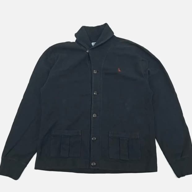 폴로 블랙 투포켓 숄카라 가디건 니트 스웨터