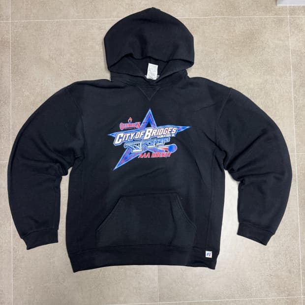 빈티지 러셀 애슬레틱 ‘AAA Hockey’ 그래픽 후드티 블랙