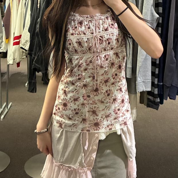 M)Japanese vintage 여성 플라워 패턴 레이스 블라우스