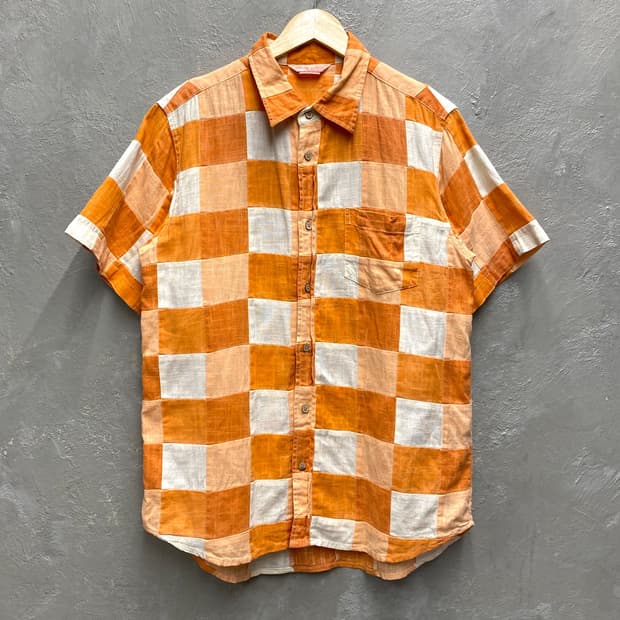 [L] Lucky Store JPN 오렌지 체커보드 리넨 반팔셔츠