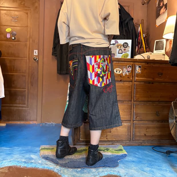 COOGI 자수 데님 와이드 스트레이트 쇼츠