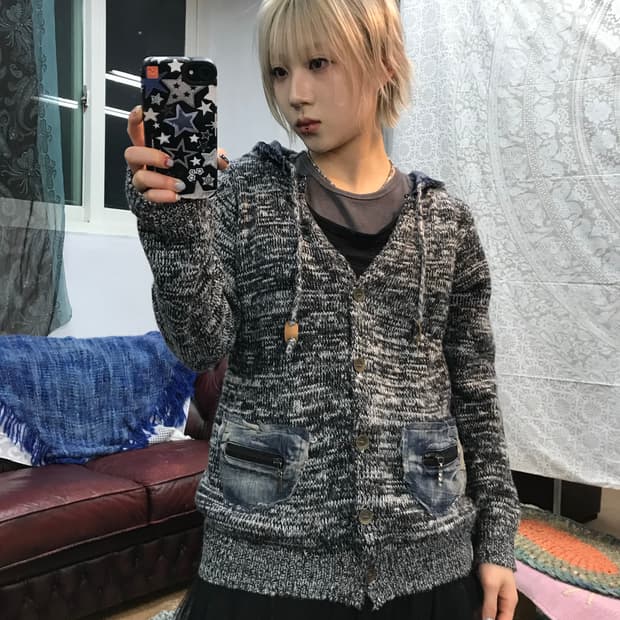 빈티지 데님 패치 후드 가디건