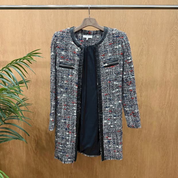 이로 긴팔 오픈 롱 트위드 자켓 레더 트리밍 지퍼 포켓 디테일 그레이